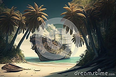 beached ship surrounded by palm trees on tropical island Stock Photo