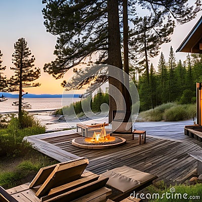 A beachfront bungalow with a hammock, a fire pit, and a wooden path to the beachA log cabin with a river rock fireplace, a cover Stock Photo