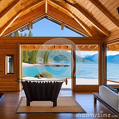 A beachfront bungalow with a hammock, a fire pit, and a wooden path to the beachA log cabin with a river rock fireplace, a cover Stock Photo