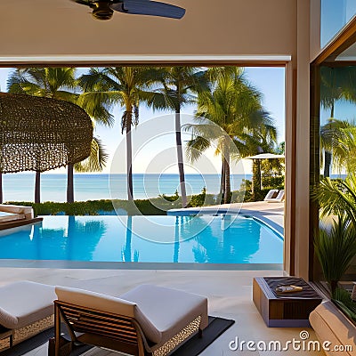 A beachfront home with a private beach, a pool, and an outdoor shower3, Generative AI Stock Photo