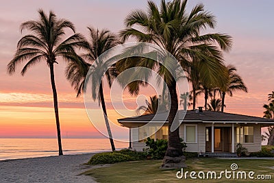 a beachfront house with a palm tree in the front yard Stock Photo