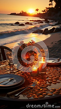 Beachfront romance Sunset dinner setting by the sea Stock Photo