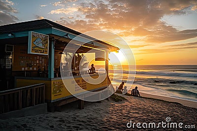 beachside eatery, with sun setting over the ocean, and waves rolling in Stock Photo