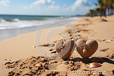 Beachside love notes Handwritten hearts on sand backdrop, tropical warmth and affection Stock Photo