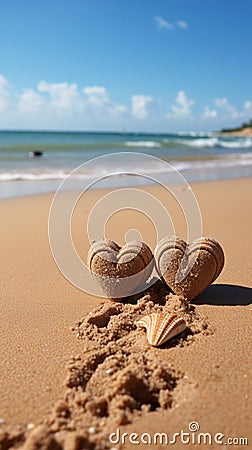 Beachside love notes Handwritten hearts on sand backdrop, tropical warmth and affection Stock Photo