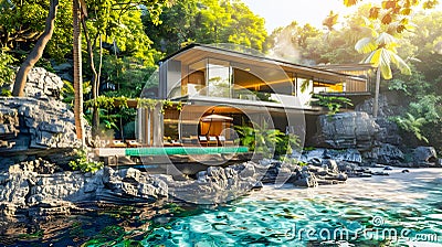 Beachside Villa in Tropical Jungle with Ocean View Stock Photo