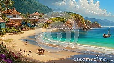 Beachside Village with Frangipani Flowers Stock Photo