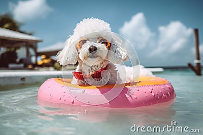 Beachy Bichon: A Whimsical Image of a Pup in Shades Relaxing on a Colorful Float - Generative AI Stock Photo