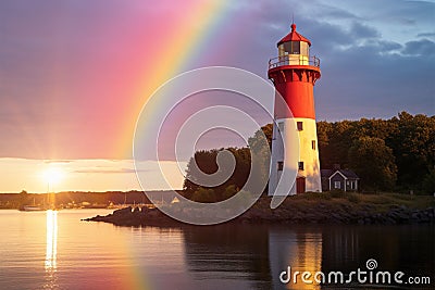 Beacon of safety Baltiysk port lighthouse, under a beautiful rainbow Stock Photo