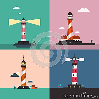 Beacon on Sea Landscape. Lighthouse Vector Flat Design Illustrations. Vector Illustration