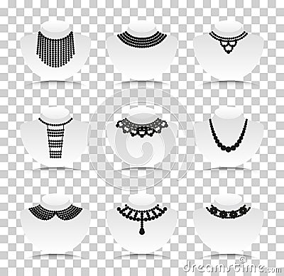 Bead silhouettes set. Silhouette icons with reflection on transparent background Vector Illustration