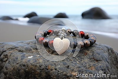 a beaded bracelet with a heart charm on a pebbled beach stone Stock Photo