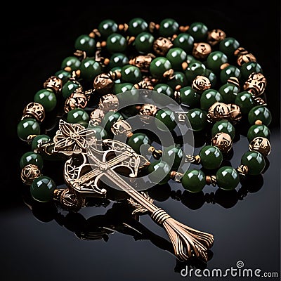 A beaded bracelet that looks like a rosary on a dark background. Ramadan as a time of fasting and prayer for Muslims Stock Photo