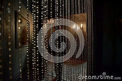 beaded curtain entrance to psychics dimly lit room, client stepping in Stock Photo