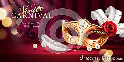 Beads and golden mask at mardi gras parade banner Vector Illustration