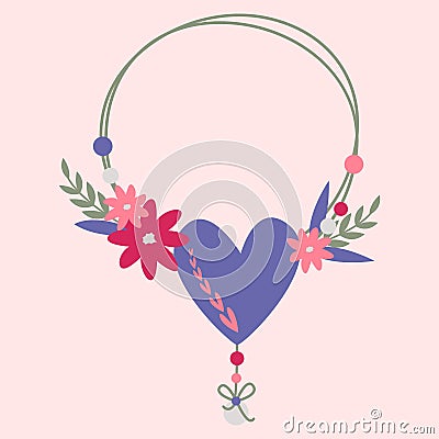 Beads with a heart and flowers. Valentine card. Vector Illustration