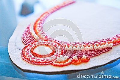 Beadwork. Detail necklaces during work. Stock Photo