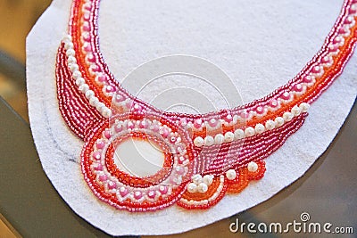 Beadwork. Detail necklaces during work. Stock Photo