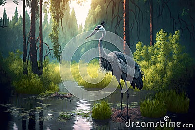 beaful gray crane bird stands on swamp in summer forest Stock Photo