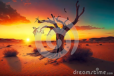 beaful sunset in desert and lonely dead tree Stock Photo