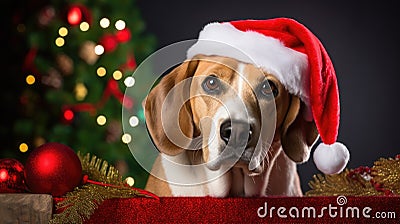 Beagle Christmas dog background. Happy New Year, Merry Christmas concept. Portrait of Cute Beagle puppy breed wearing Stock Photo