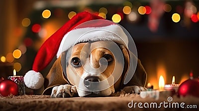 Beagle Christmas dog background. Happy New Year, Merry Christmas concept. Portrait of Cute Beagle puppy breed wearing Stock Photo