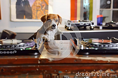 beagle in dj booth, two turntables in front Stock Photo
