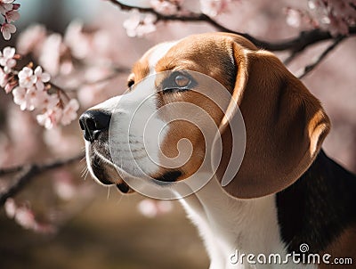 Beagle dog portrait against sakura blossom tree Stock Photo