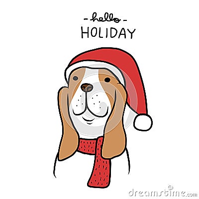 Beagle dog santa. Happy holiday cartoon Vector Illustration