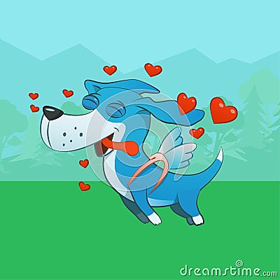Blue dog in love jumping with hearts around Vector Illustration