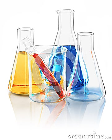 Flasks, Beaker and Test Tube with Liquid Stock Photo