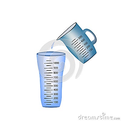 Beaker. Measuring cup. Pouring of measuring cups water into a glass. Vector illustration on background Vector Illustration