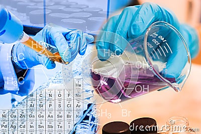 Beaker in scientist hand and fill chemical into test tube scientist with equipment and science experiments Stock Photo