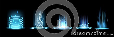 Beam frame, blue futuristic ray effects. Laser glow, energy aura or vortex, circle magic teleport. Digital energy hole Vector Illustration
