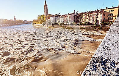 Beams morning sun bridge Ponto Pietra river Adige Italy Verona Stock Photo