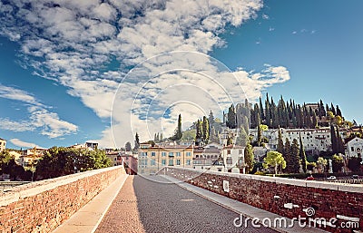 Beams morning sun bridge Ponto Pietra river Adige Italy Verona Stock Photo