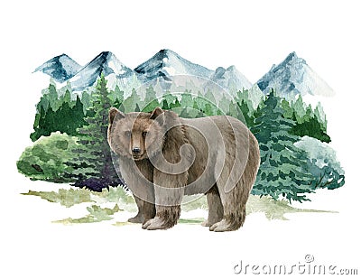 Bear animal in forest mountain landscape. Watercolor illustration. Wild grizzly standing in forest scene. Grizzly bear Cartoon Illustration