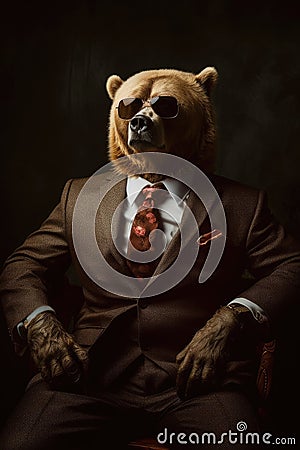 bear animal in the form of a man in a suit and sunglasses, a good leader, the boss, director, generative ai Stock Photo