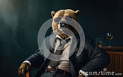 bear animal in the form of a man in a suit and sunglasses, a good leader, the boss, director, generative ai Stock Photo