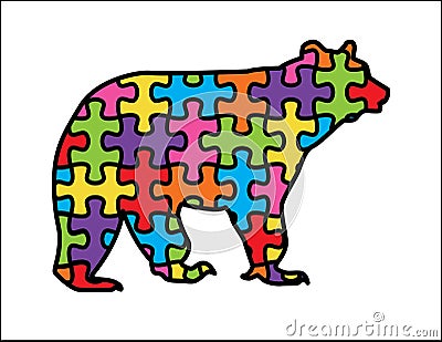 Bear With Autism Puzzle Pieces Vector Illustration