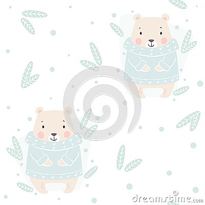 Bear baby winter seamless pattern. Cute animal in warm sweater Christmas background Vector Illustration