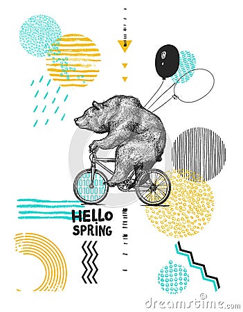 Bear with Balloons Rides Bicycle. Wearing Facial Mask. Hello. Spring Sarcasm Poster. T-shirt Print. Vintage Mascot Cute Vector Illustration
