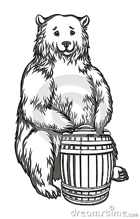 Bear with a barrel, black and white drawing for embroidery, engraving, printing on fabric Vector Illustration