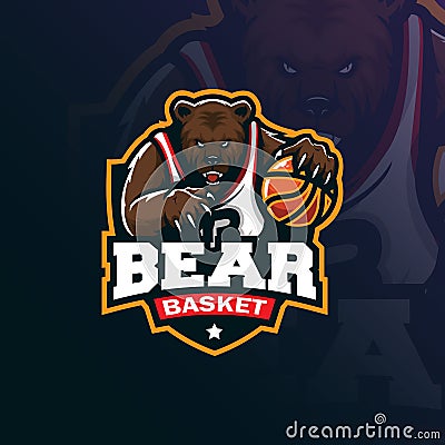 Bear basketball mascot logo design vector with modern illustration concept style for badge, emblem and tshirt printing. angry bear Vector Illustration
