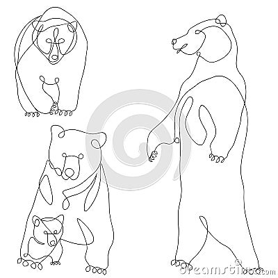 Bear, bear cub, set vector illustration, doodle. Continuous line Vector Illustration