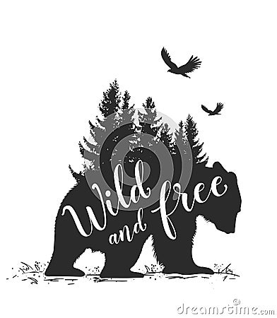 Bear, birds and fir tree Vector Illustration