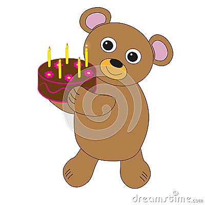 Bear with birthday cake. Vector Illustration