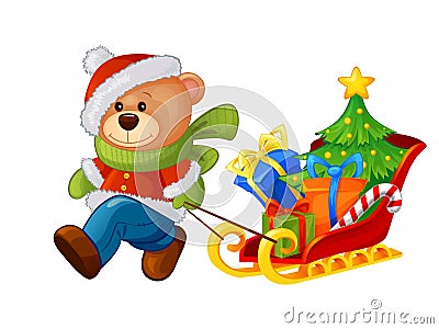 Bear bringing sleigh with Christmas tree and gifts Vector Illustration