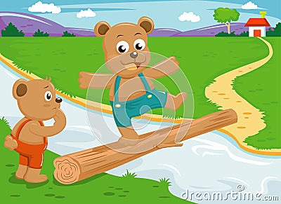 The bear brother balance on wood bridge Vector Illustration