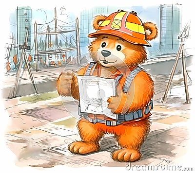 bear builder , with a drawing in his hands, in a working form generated by AI, generative assistant. Stock Photo